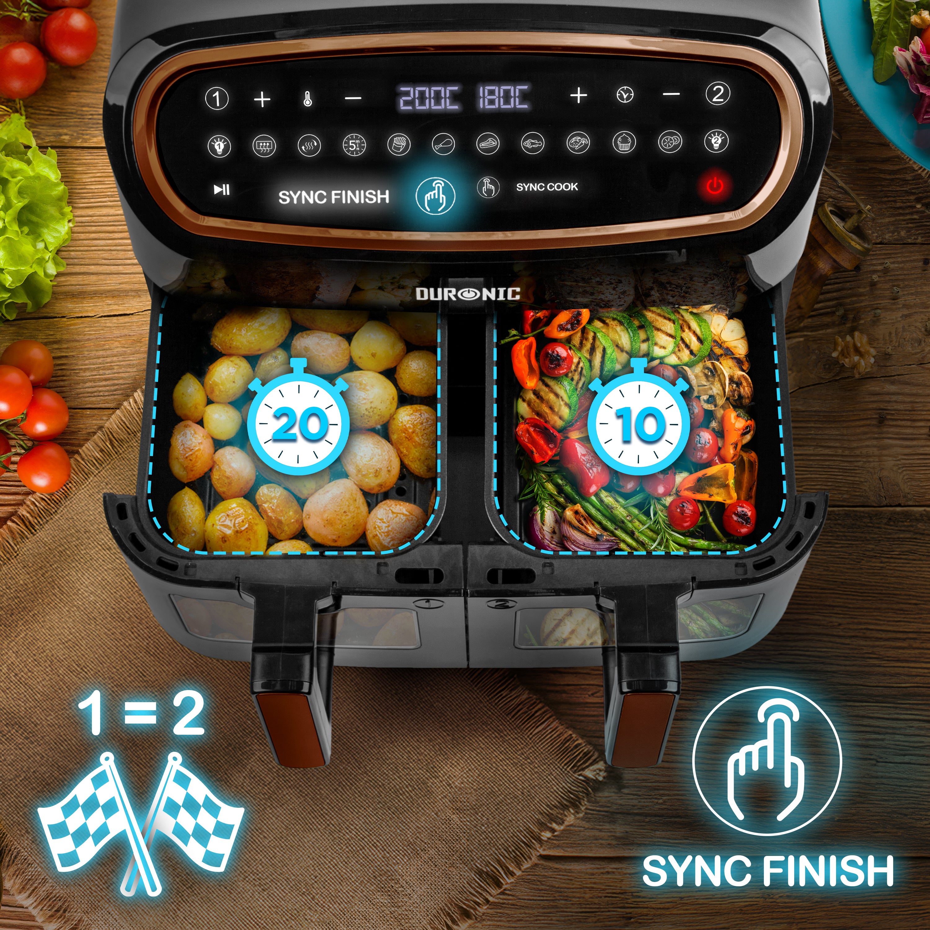 Duronic XXL Digital Air Fryer with two drawer sync finish