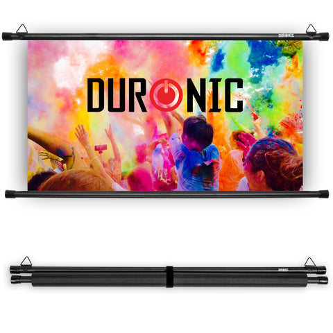 Duronic projector screen with colourful design and people in the background wall and ceiling mountable mount