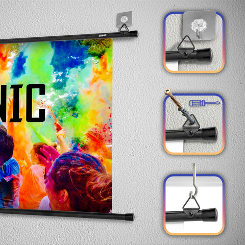 Duronic projector screen with instruction on how to install the hook