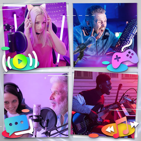 Grid of four diverse streamers: a female gamer, an angry gamer, podcasters, and a musician.