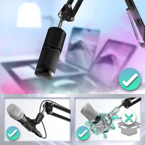 Professional boom arm microphone stand showing various mounting options for condenser and handheld dynamic microphones.
