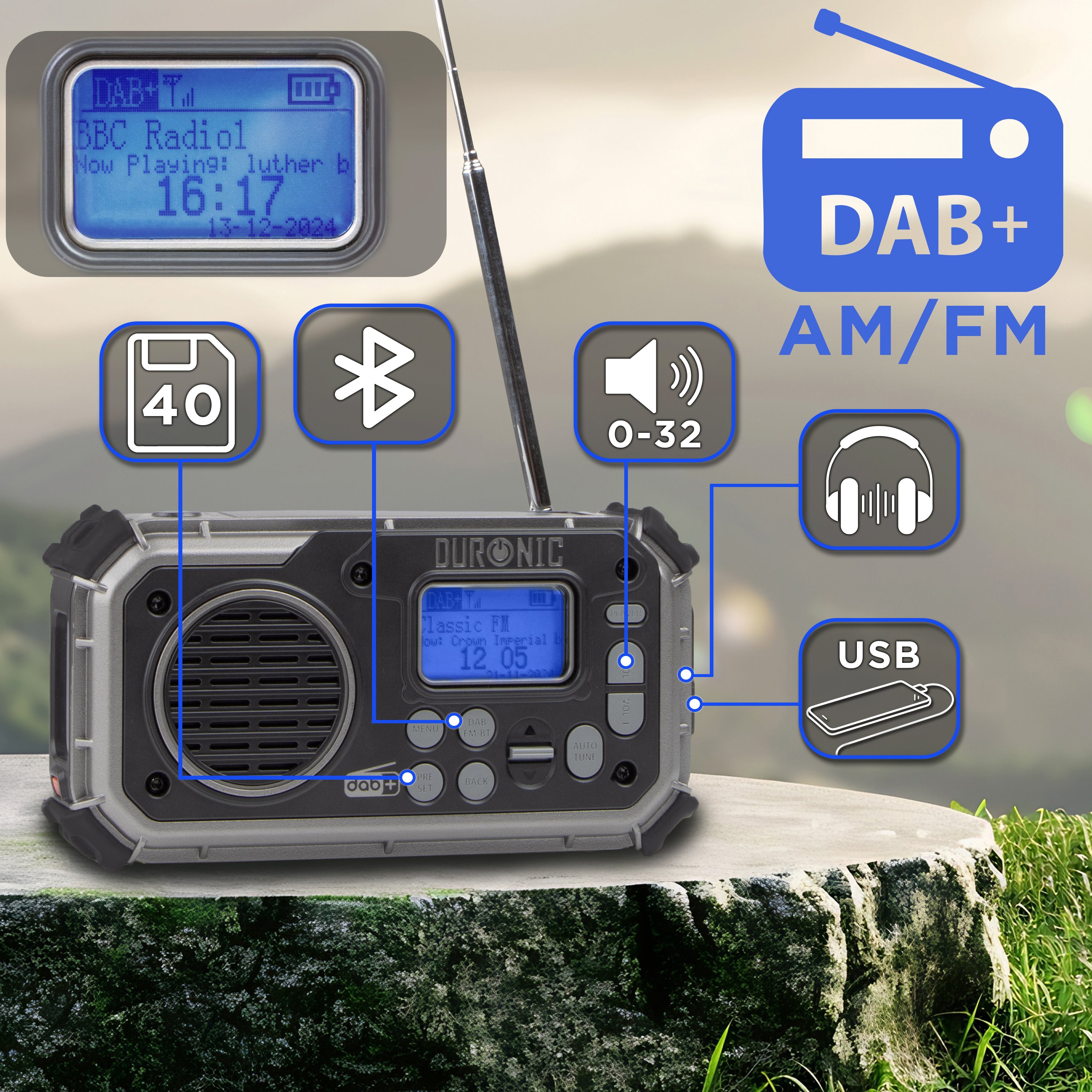 Duronic Portable DAB Radio SDAB1 Bluetooth DAB+ Radios Hand Crank Battery Radio Solar Radio 4-Way Rechargeable Emergency Flashlight Digital AM FM Radios with SOS Alarm for Camping Hiking Outdoor