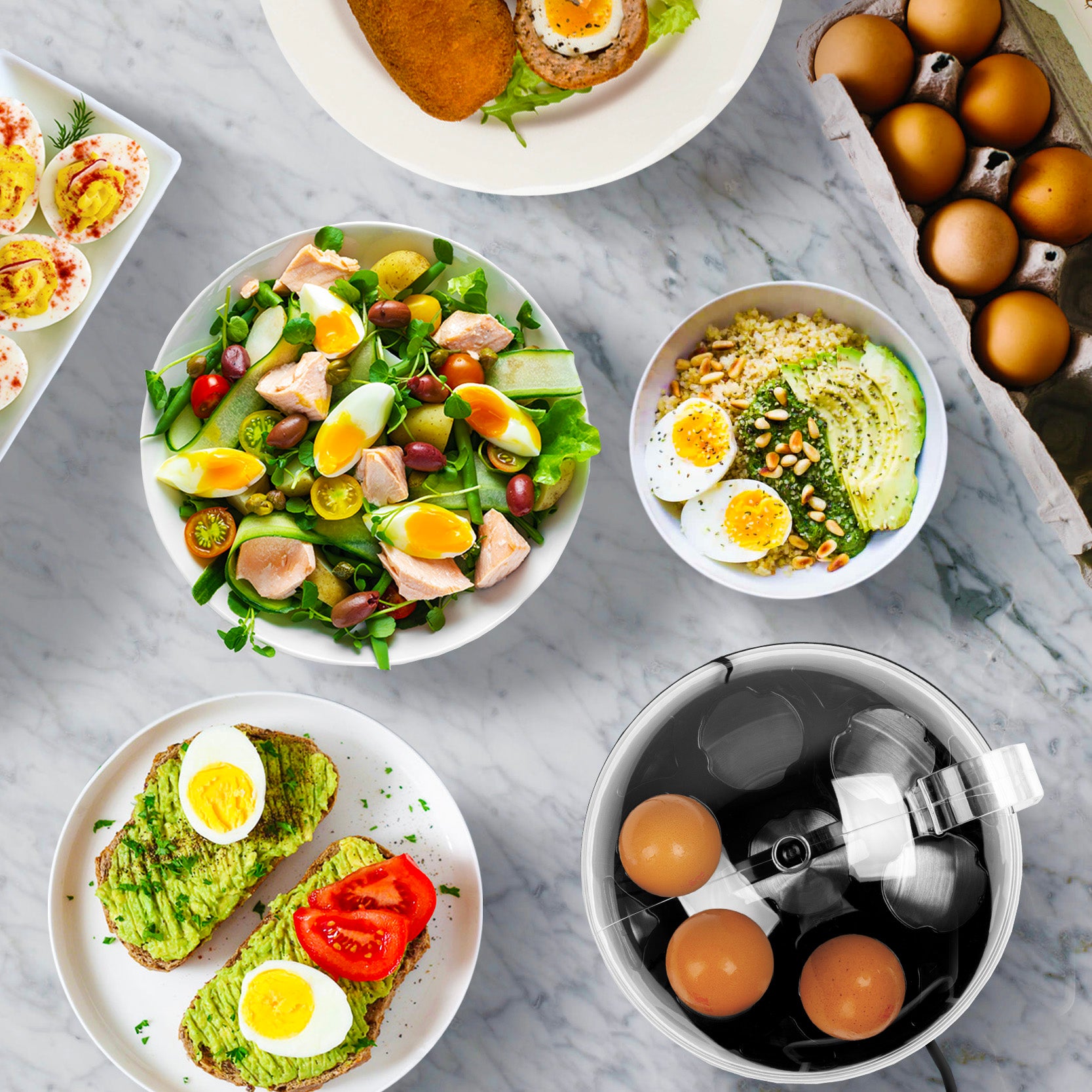Various foods like egg salad, avocado egg on toast, made using the Duronic EB27 BK electric egg boiler