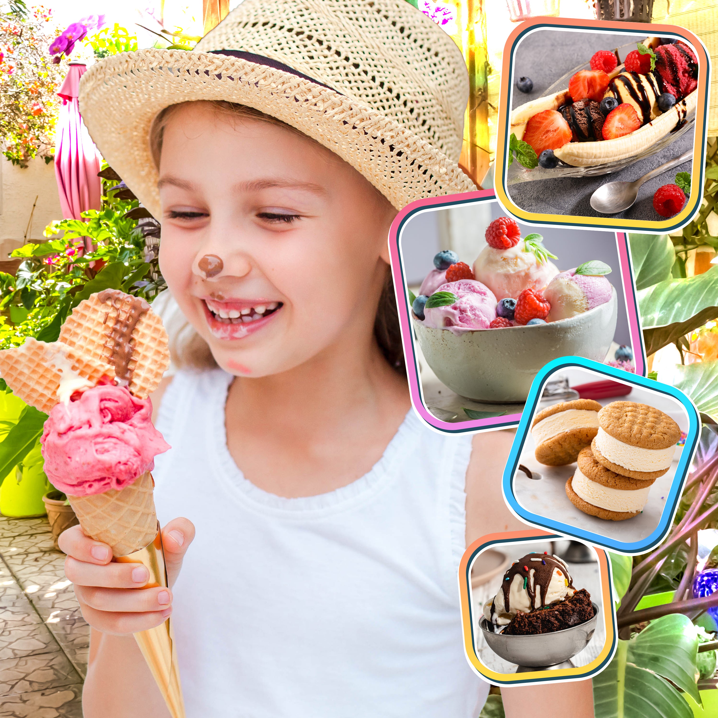 Young girl enjoying a pink ice cream cone alongside photos of various delicious ice desserts.