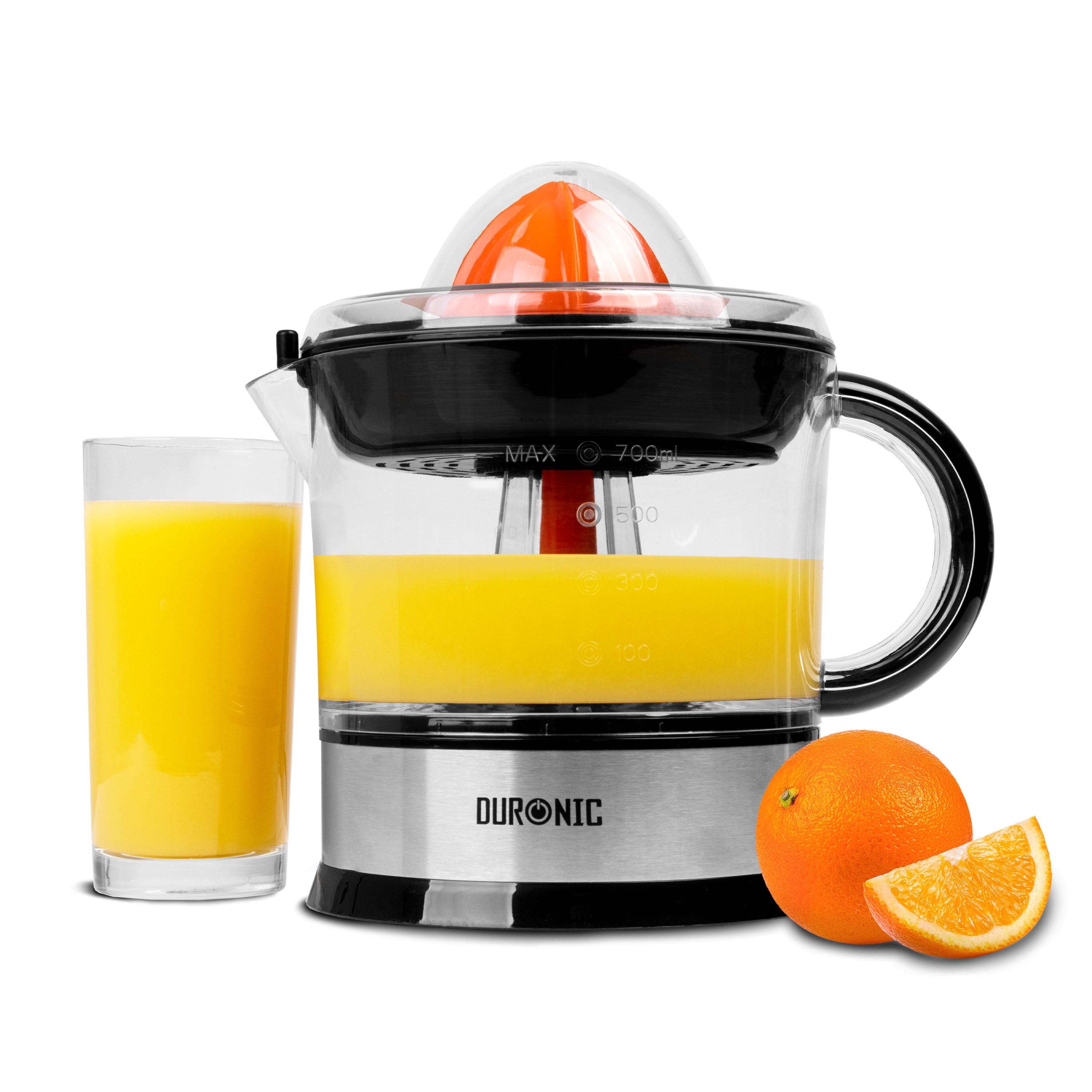 Duronic Electric Citrus Juicer JE407, 2 Sized Lemon Squeezer Cones, 40W Citrus Press with Adjustable Pulp Filter, 700ml Capacity, Ideal for Fresh Citrus Juice Oranges Lemons