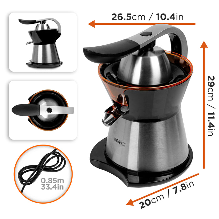 Duronic Electric Citrus Juicer JE304, 2 Interchangeable Lemon Squeezer Cones, 300W Electric Hand Press with Adjustable Pulp Filter and Pouring Spout, Ideal for Fresh Orange, Lime juice