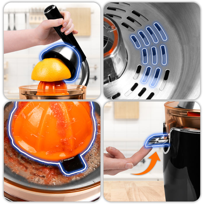 Duronic Electric Citrus Juicer JE605, 2 Sized Orange Squeezer Cones,600W Citrus Press with Adjustable Pulp Filter, Pouring Spout for Freshly Squeezed Juice from Lemons and Limes