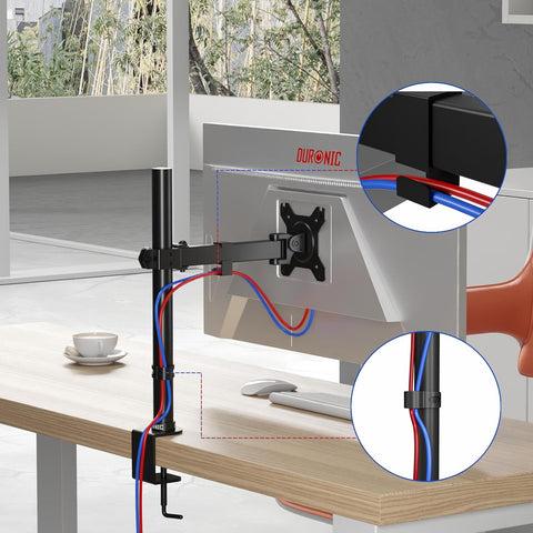 Duronic Single Monitor Arm Stand with integrated cable management clips routing red and blue cables.