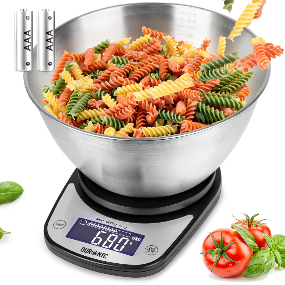 Duronic Digital Kitchen Scale KS5000 BK/SS Kitchen Scales with Bowl, Weighing Scale, Baking Scale for Cooking Baking Pet Food Postal, Food Scale Weight Scale, Electronic Scale with Backlit LCD Display