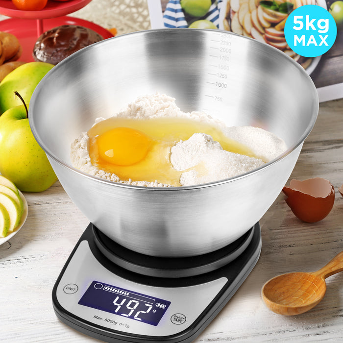 Duronic Digital Kitchen Scale KS5000 BK/SS Kitchen Scales with Bowl, Weighing Scale, Baking Scale for Cooking Baking Pet Food Postal, Food Scale Weight Scale, Electronic Scale with Backlit LCD Display