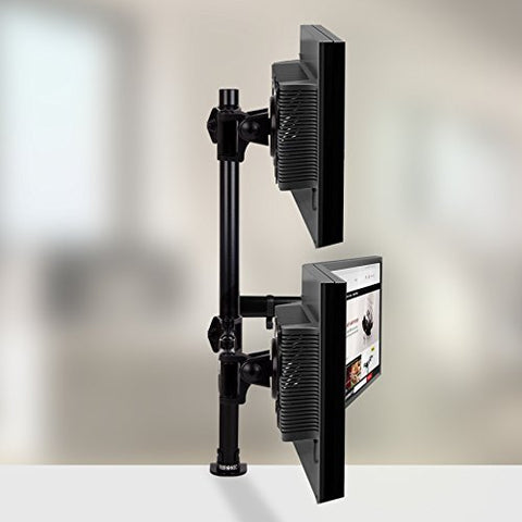 Duronic Computer Monitor Arms holding two black computer screens stacked on top of each other.
