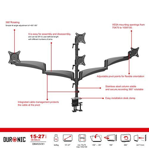 Duronic Monitor Arm Stand DM453VX1 | Quad PC Desk Mount | Steel | Height Adjustable | For Four 15-27 LED LCD Screens | VESA 75/100 | 6kg Per Screen | Tilt -90°/+85°, Rotate 360°