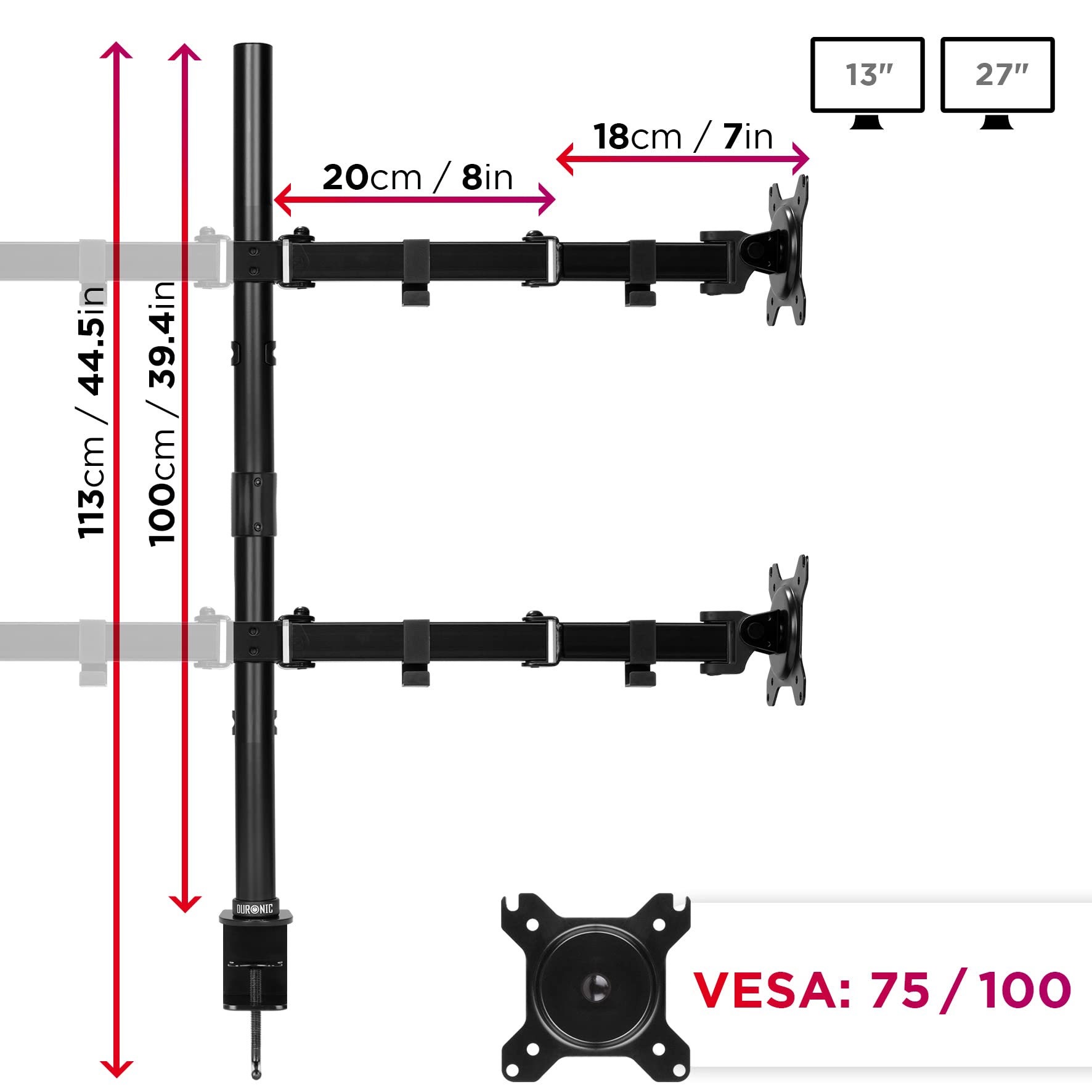 Duronic Computer Monitor Arms DMT154, Four Screen Monitor Mount with 100cm Pole, Quad Display Mount for 4 PC Screens 13-27” Adjustable Monitor Mount with VESA 75 100 for Home Office Work Desk