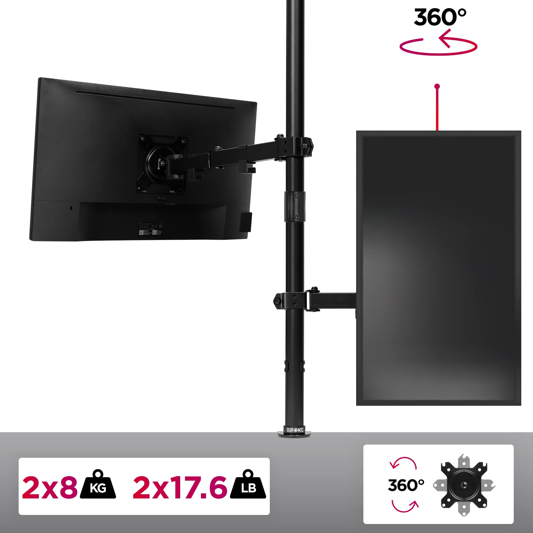 Duronic Dual Monitor Stand DMT152VX2, Dual Monitor Arm Desk Mount for two 13-27” PC Screens, Height Adjustable Monitor Mounts with 100cm Pole & VESA 75 100, Monitor Riser for Home Office Work Desk