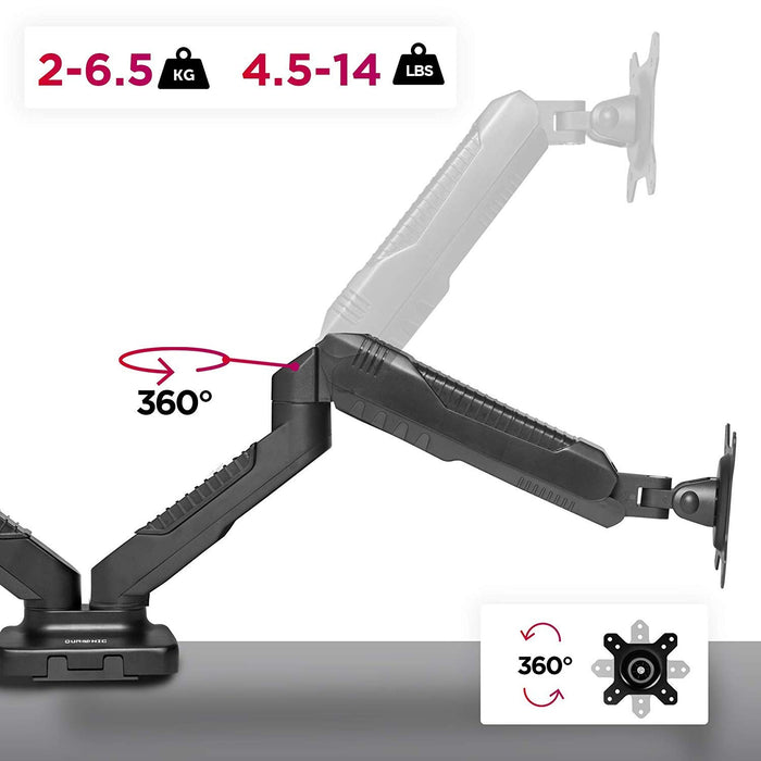 Duronic Monitor Arm Stand DMDC52 | Double Gas-Powered PC Desk Mount | BLACK | Height Adjustable | For Two 13-24 LED LCD Screens | VESA 75/100 | 6.5kg Capacity | Tilt -90°/+85°,Swivel 180°,Rotate 360°