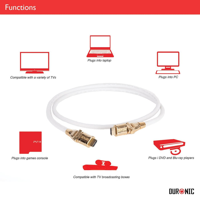 Duronic HDMI Cable HDC01 /1, 1 Metre, WHITE, 1080p High Speed HDMI 1.4 & Ethernet Lead, 24K Gold Plated Swivel Connectors, Good for PS4, PS3, Xbox, Nintendo, Sky+ HD, Virgin, TV, DVD, BluRay