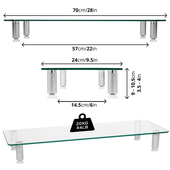 Duronic Monitor Stand Riser DM052-3 | Laptop and Screen Stand for Desktop | Clear Tempered Glass | Support for a TV or PC Computer Monitor | Ergonomic Office Desk Shelf | 20kg Capacity | 70cm x 24cm