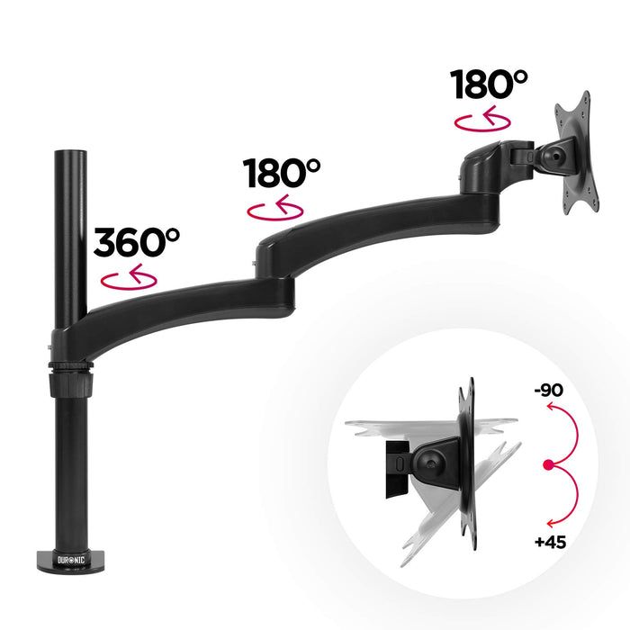 Duronic Monitor Arm Stand DM451X3 | Single PC Desk Mount | Aluminium | Height Adjustable | For One 13-27 LED LCD Screen | VESA 75/100 | 13kg Per Screen | Tilt -90°/+45°, Rotate 360°