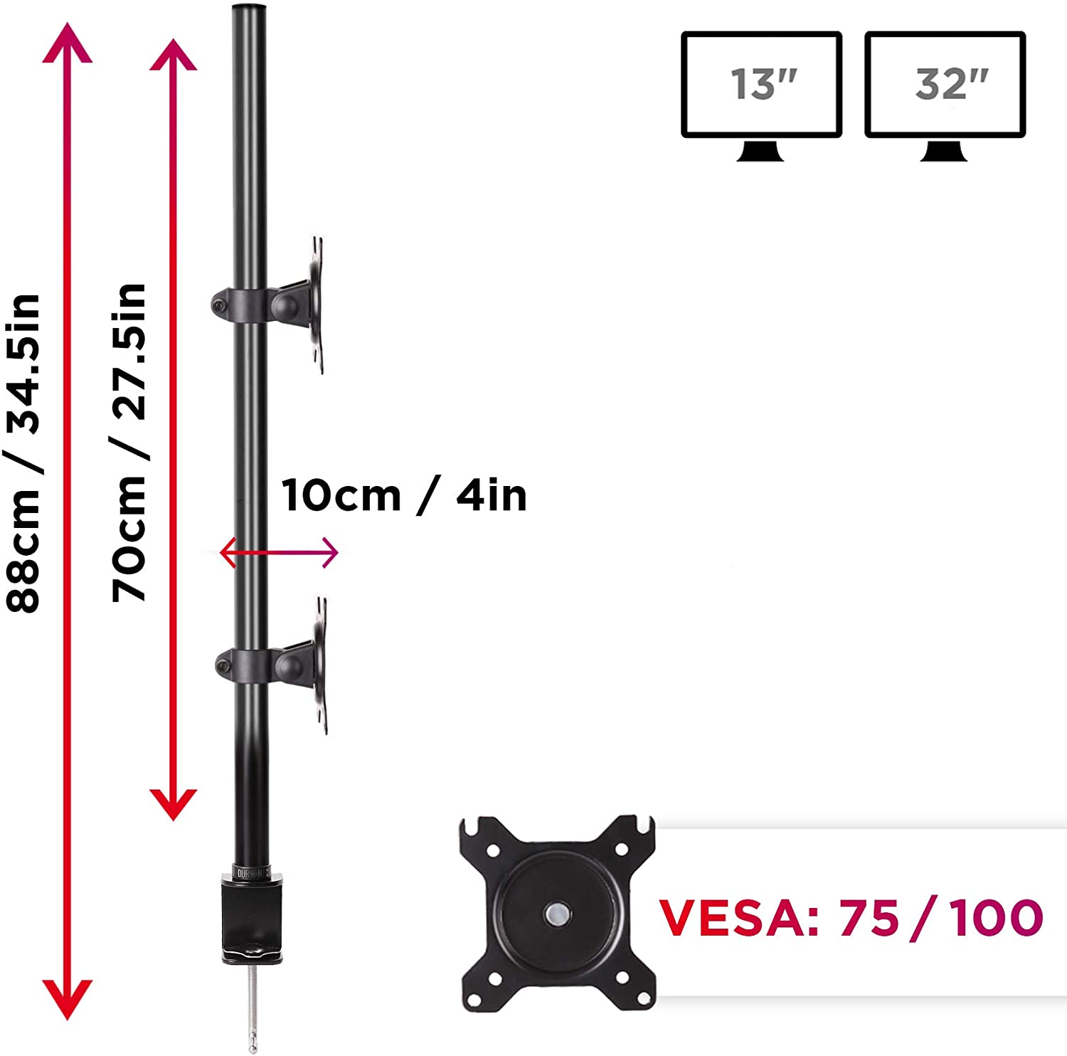 Duronic Dual Monitor Stand DM15V2 for 13-32” Screens, Adjustable Twin Monitor Mounts, Monitor Arms with VESA 75 100 Monitor Riser with C Clamp, Double Monitor Stand for Work, Home Office Desk & Gaming