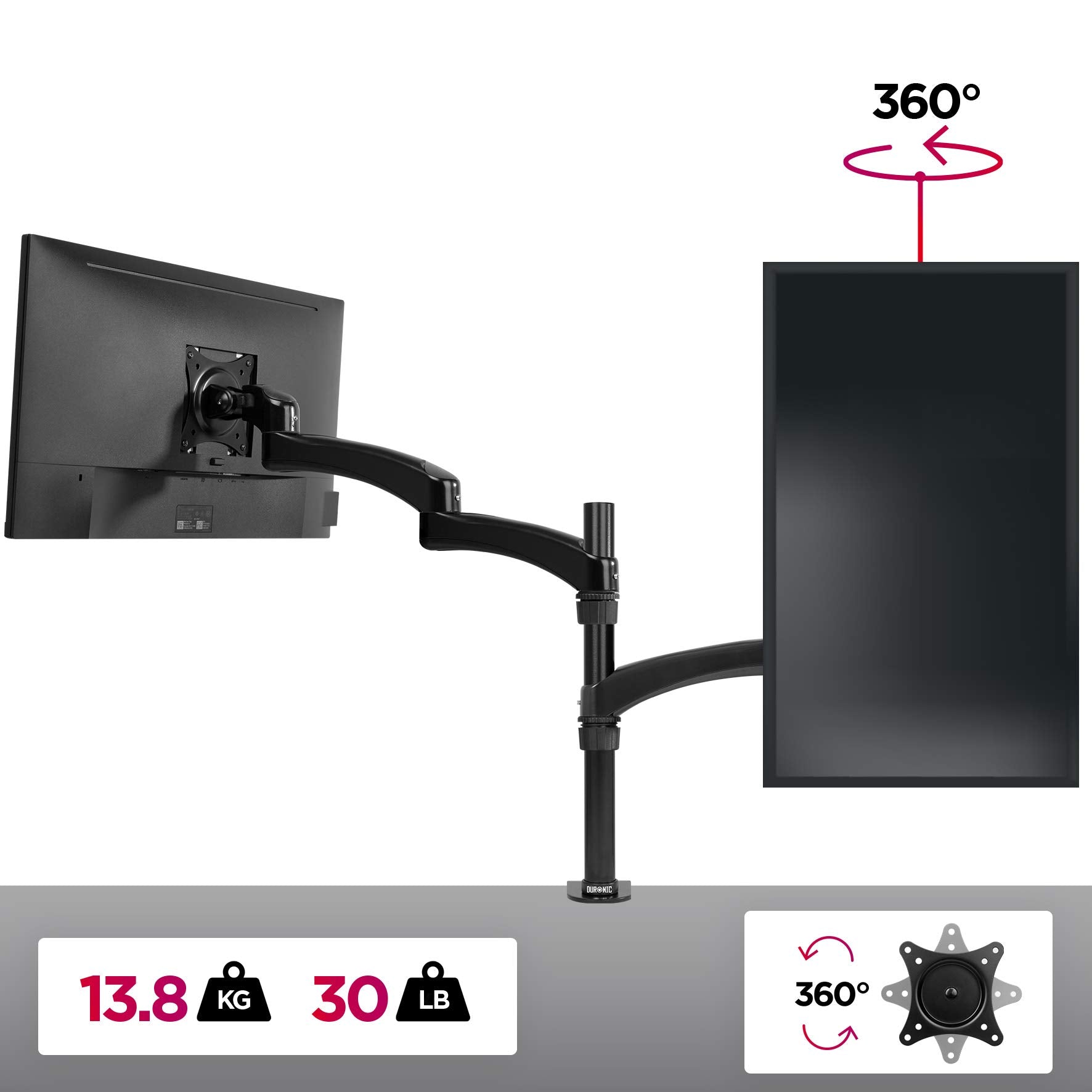 Duronic Monitor Arm Stand DM451X3 | Single PC Desk Mount | Aluminium | Height Adjustable | For One 13-27 LED LCD Screen | VESA 75/100 | 13kg Per Screen | Tilt -90°/+45°, Rotate 360°