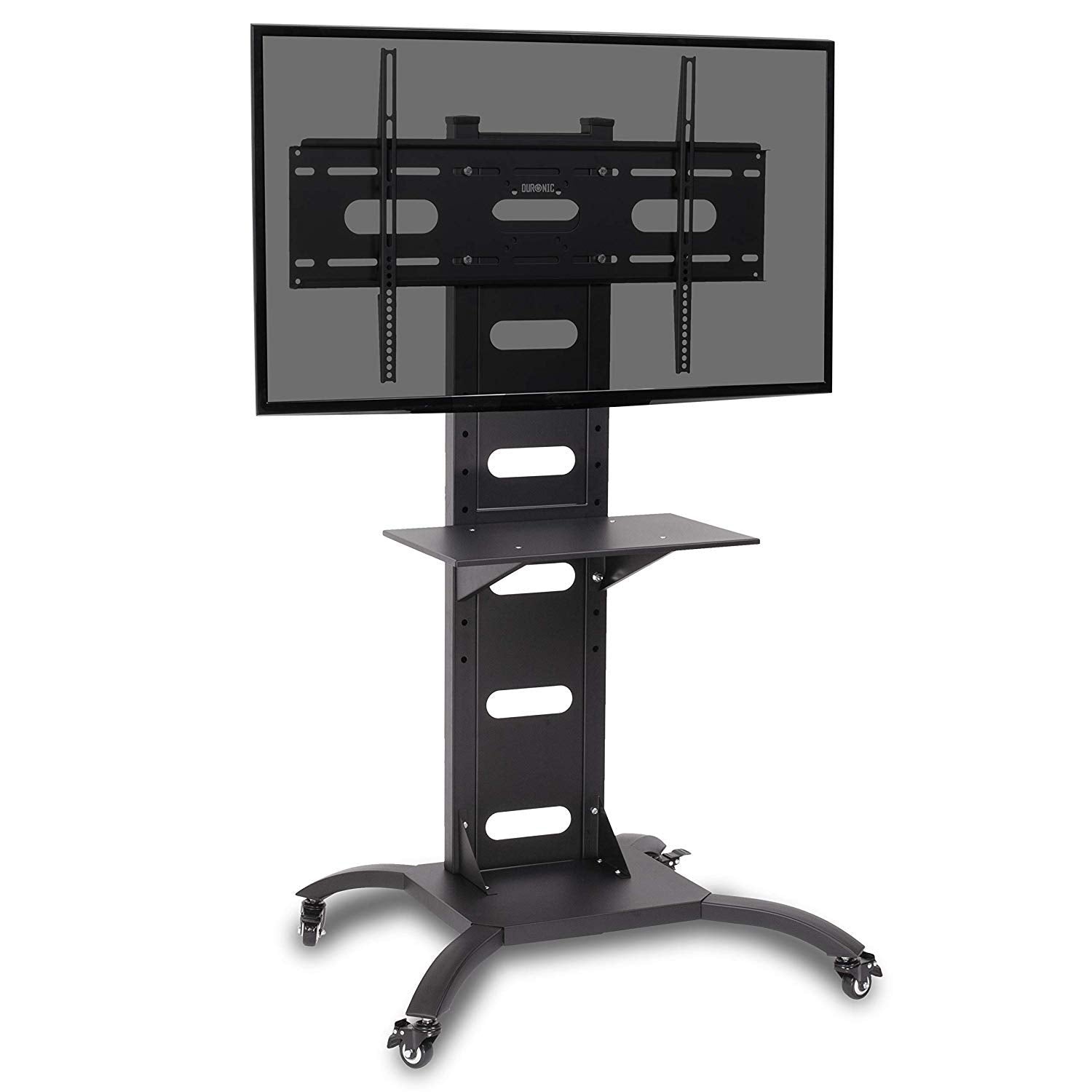 Duronic TV Mount Stand Bracket TVS4T1 | Floor Standing for 37-70 Inch Flat Screen | With Tilt and Swivel | VESA Up to 700x400 | Strong Heavy Duty | Max. 82kg Capacity | Shelf | On Wheels