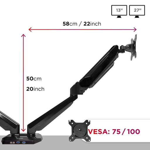 Duronic Monitor Arm Stand DMUSB52 | Dual PC Desk Mount | Headphone, USB, Microphone Extension Sockets | 13-27” LED LCD Screen | VESA 75/100 | Full Motion (Tilt -90°/+85°, Swivel 180°, Rotate 360°)