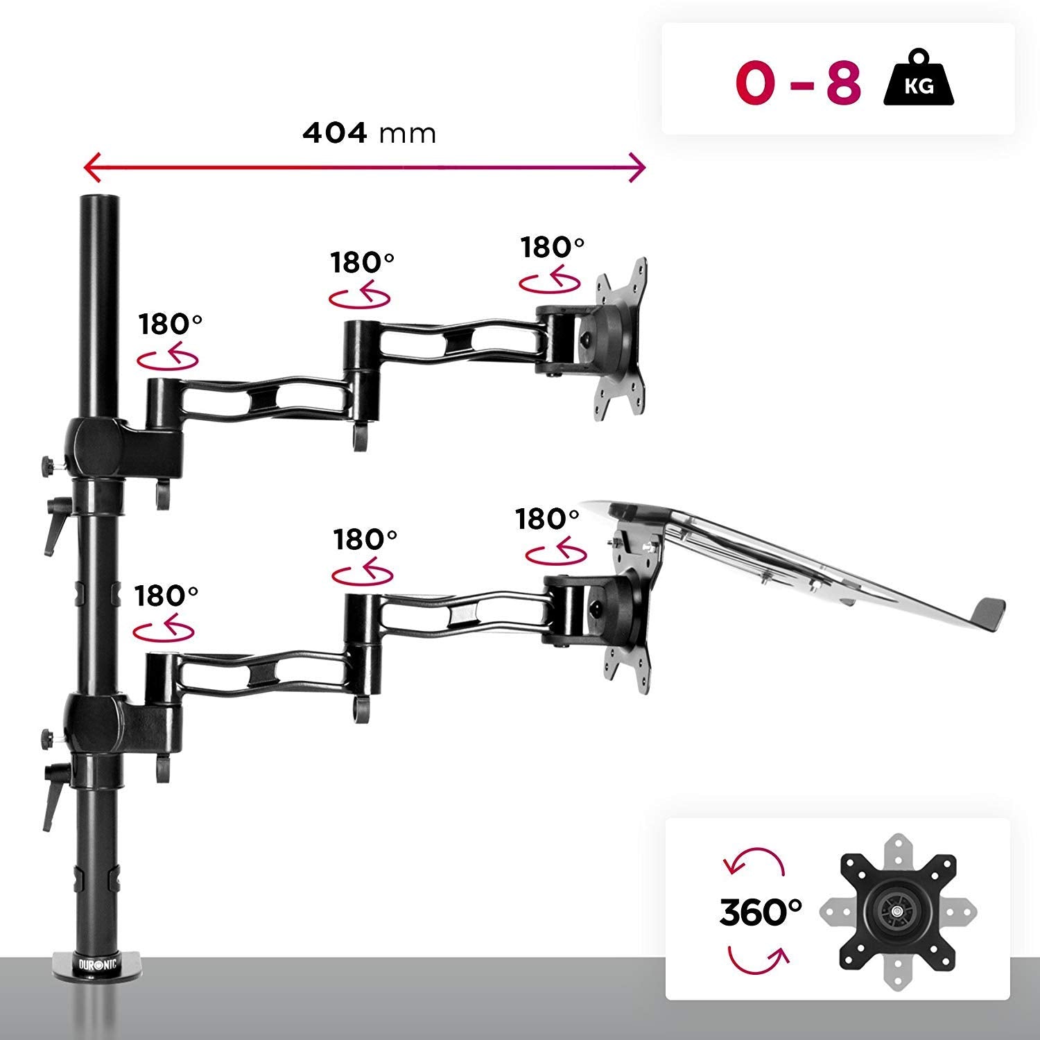 Duronic Laptop Desk Mount DM35L1X1, Dual Monitor Arm Stand for 13-27” PC Screens, Laptop and Monitor Stand with VESA 75 100, Adjustable Monitor Pole for Home Office Work Desk