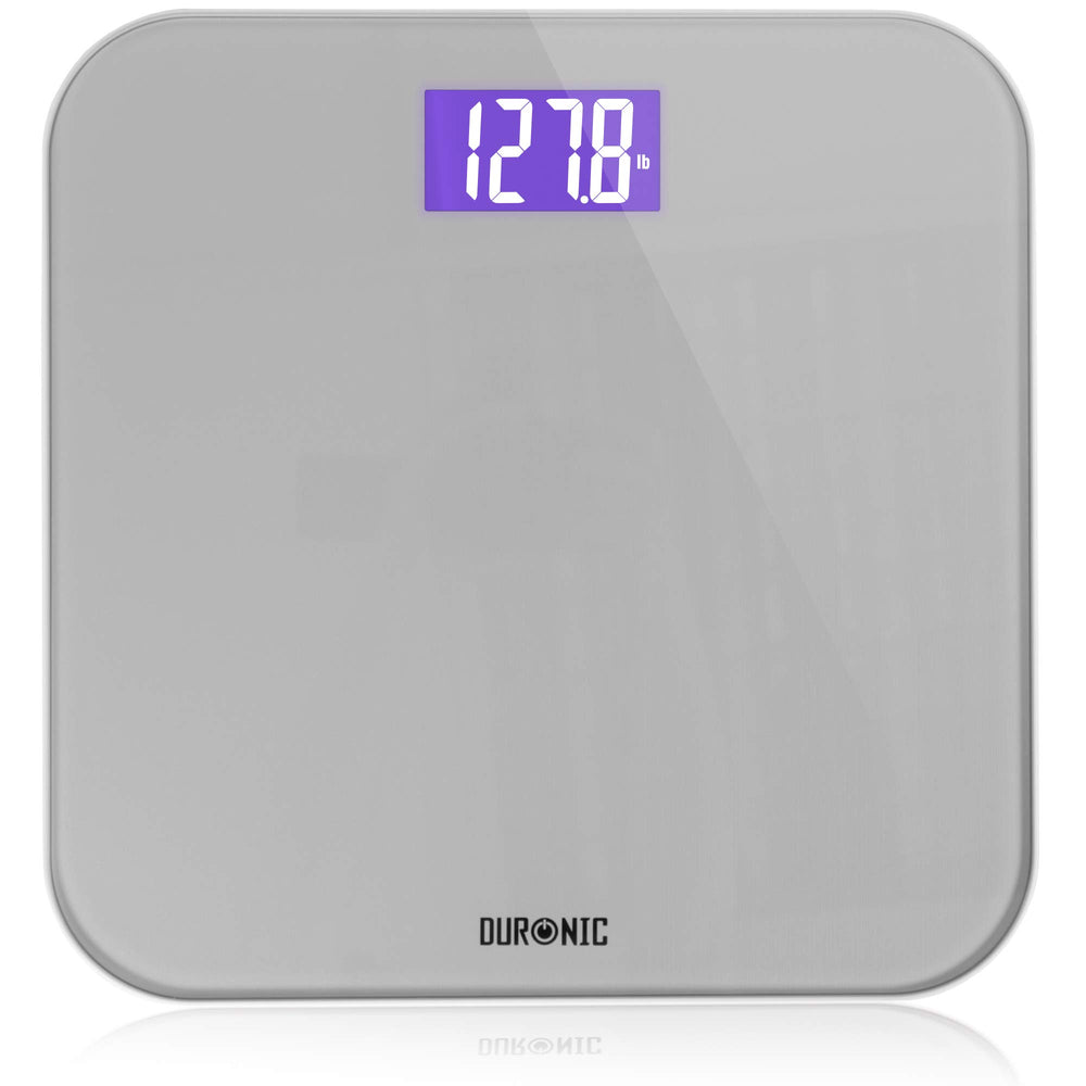 Duronic Digital Bathroom Body Scales BS603 | Measures Body Weight in Kilograms, Pounds and Stones | Silver Glass Design with Purple Backlight | Step-On Activation | Precision Sensors | 180kg Capacity