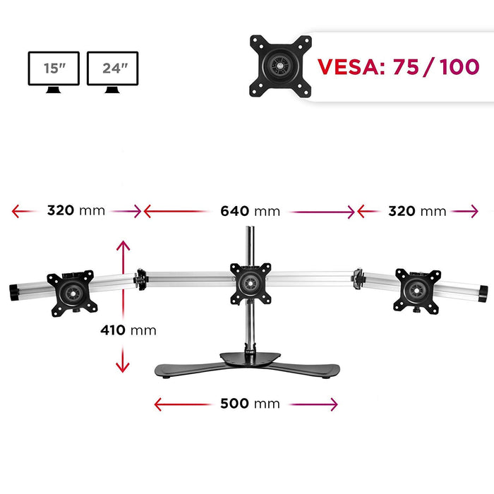 Duronic Computer Monitor Arms Stand DM753 Triple Freestanding PC Multi Arms Desk Mount Stands Riser for 3 8kg 15-24 Inch Display Screens VESA 75/100 - Black