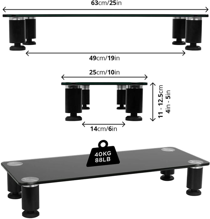 Duronic Monitor Stand Riser DM051 | Laptop and Screen Stand for Desktop | Black Tempered Glass | Support for a TV or PC Computer Monitor | Ergonomic Office Desk Shelf | 40kg Capacity | 63x25cm