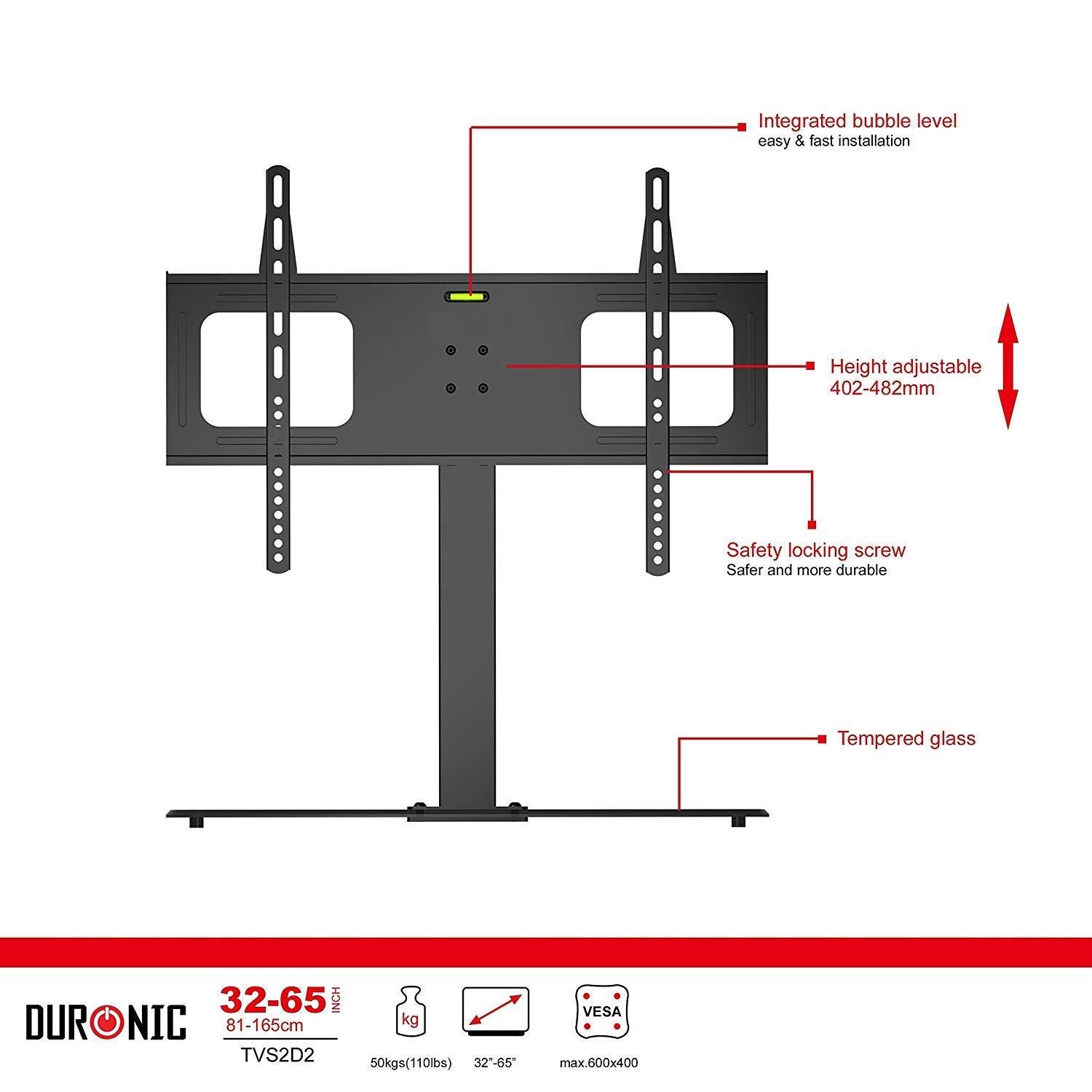 Duronic TV Stand for Desk TVS2D2 Table 30-65 inch TV | VESA 200 400 600| Suitable for Desktop - Television of size 30 32 40 43 50 55 60 65 inch | 50kg capacity