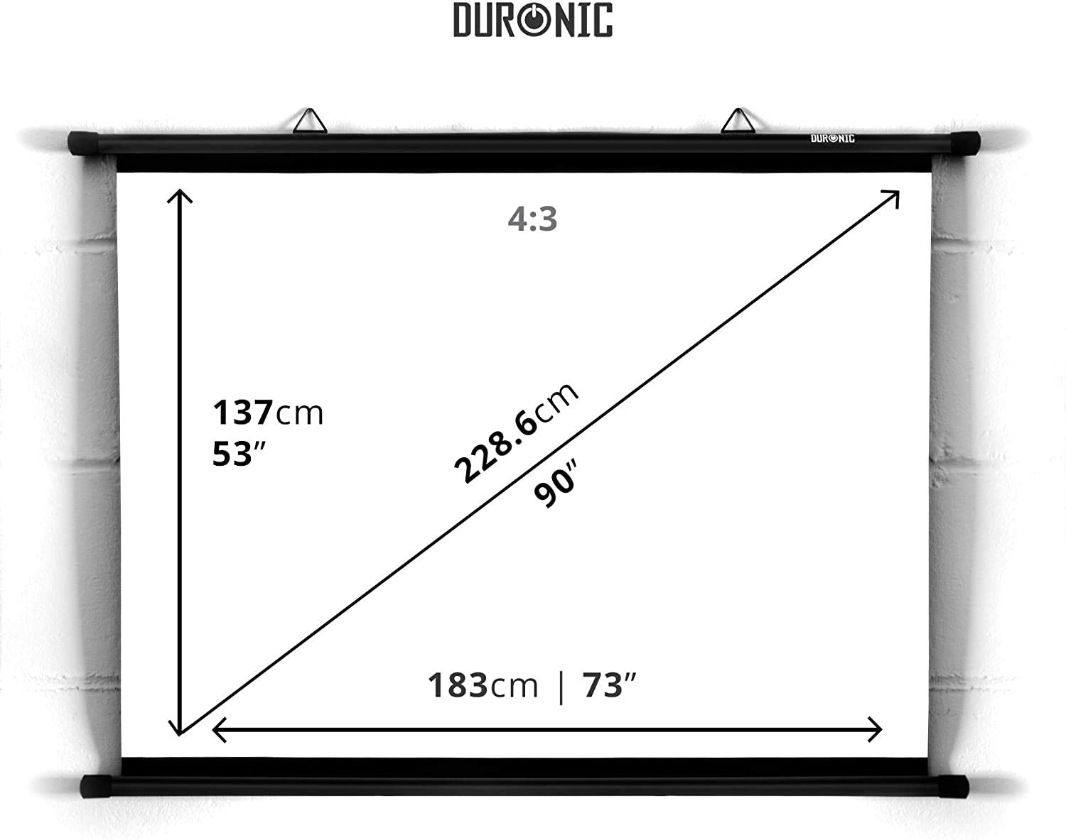 Duronic Projector Screen BPS90/43 Bar Mount 90 Inch White Projection Screens Wall or Ceiling Mountable with Hooks 4:3 for School Office Home Cinema