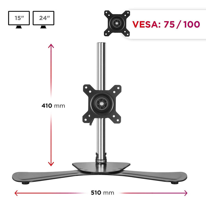 Duronic Computer Monitor Arms Stand DM751 Single Freestanding PC Arm Desk Mount Adjustable Stands for VESA 75/100 One 15-24 Inch LED LCD Screen 8kg Capacity Mounts Tilt -15/+15 Rotate 360 - Black