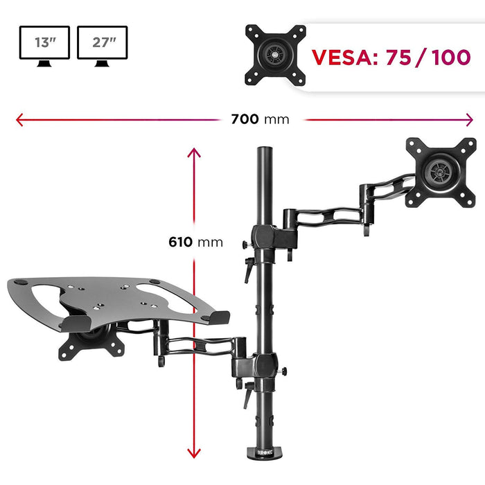 Duronic Laptop Desk Mount DM35L1X1, Dual Monitor Arm Stand for 13-27” PC Screens, Laptop and Monitor Stand with VESA 75 100, Adjustable Monitor Pole for Home Office Work Desk