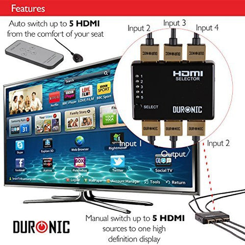Duronic HDMI Switch Box [ HRS1051 ] 5 Port HDMI Auto Switcher, PLUS Remote, 5x1 Hub - 5 Way Input/1 Way Output), 1080p High Definition, Sky+ HD, Virgin, PS3, PS4, Xbox, Freeview, DVD & BluRay