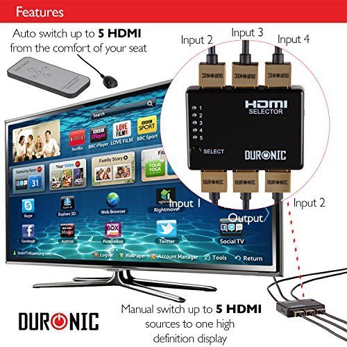 Duronic HDMI Switch Box [ HRS1051 ] 5 Port HDMI Auto Switcher, PLUS Remote, 5x1 Hub - 5 Way Input/1 Way Output), 1080p High Definition, Sky+ HD, Virgin, PS3, PS4, Xbox, Freeview, DVD & BluRay