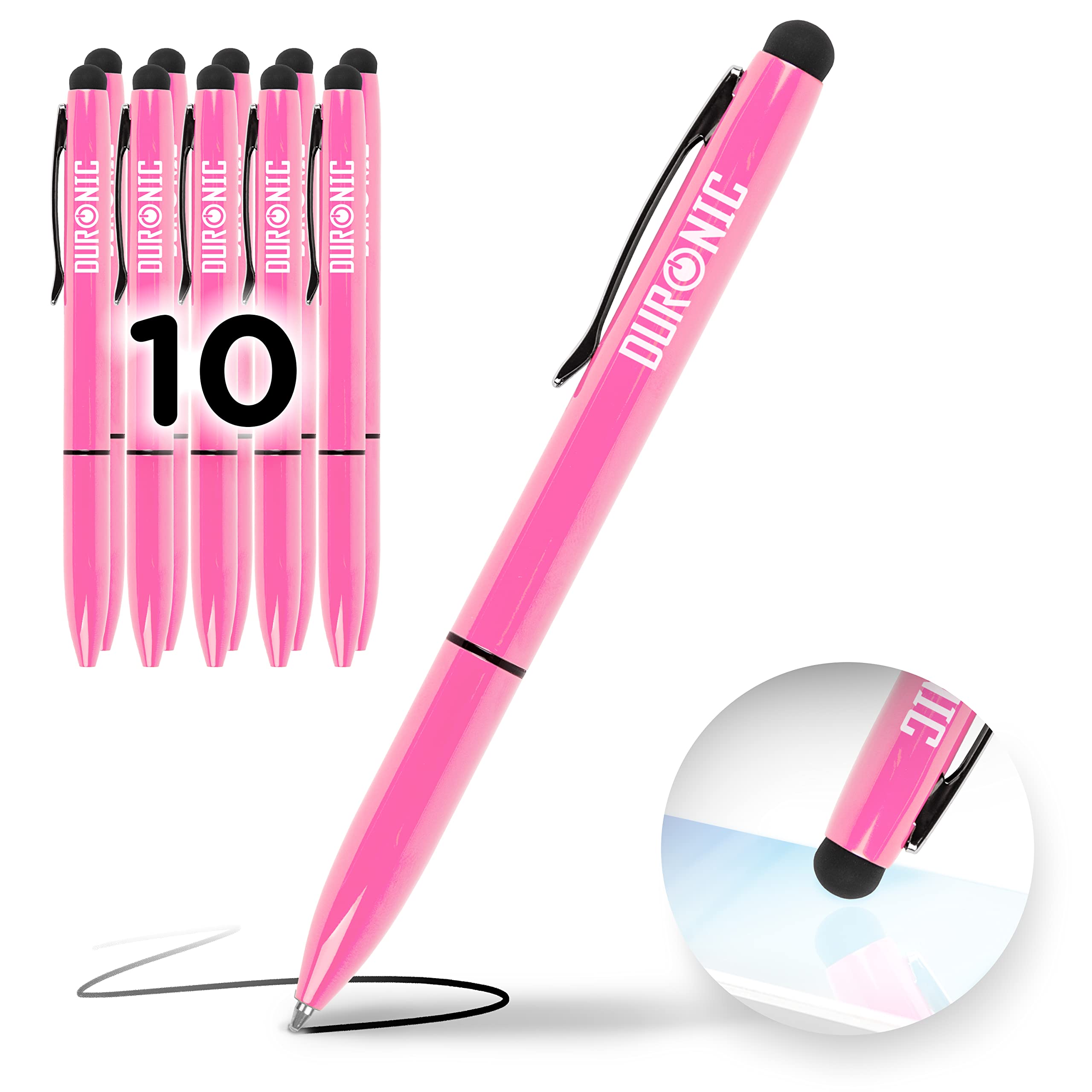 Duronic Stylus Pens IS10P [PINK] [pack of 10] Refillable Ballpoint Pen & Rubber Stylus 2-in-1, Capacitive Stylus Pens for Touch Screen Devices for iPad, Tablet, Surface, Laptops, Kindle