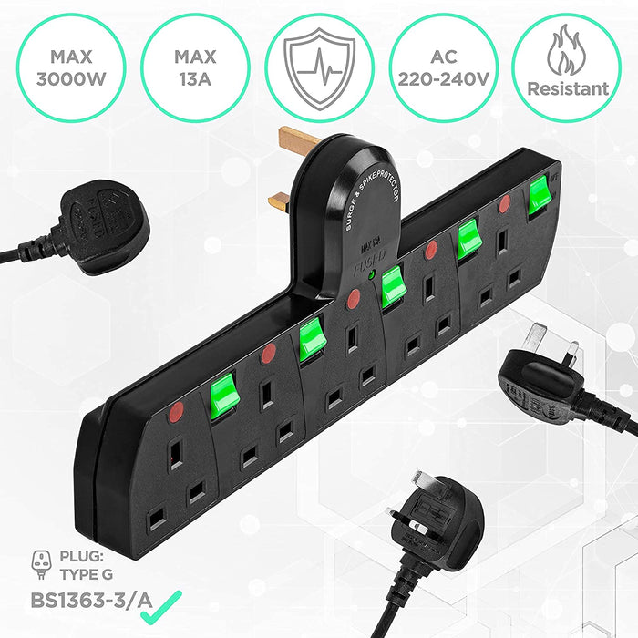 Duronic Plug Adaptor Power Extension Multi Socket Surge Protected S125B 5 Way UK | Switched | Black | Switches Turns 1 Socket Into 5