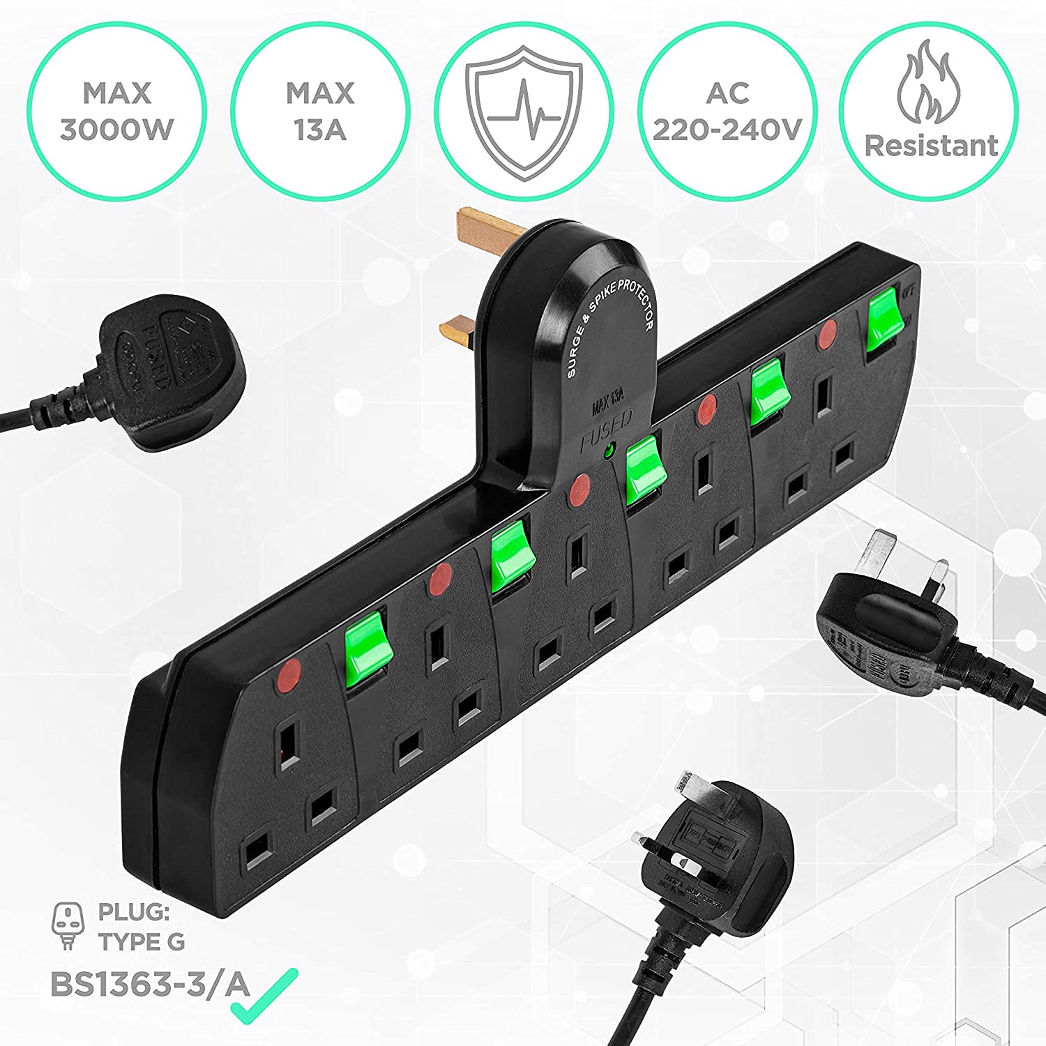 Duronic Plug Adaptor Power Extension Multi Socket Surge Protected S125W 5 Way UK | Switched | White | Switches Turns 1 Socket Into 5