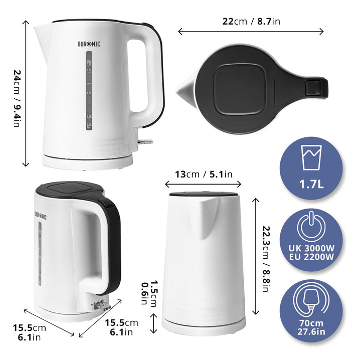 Duronic Electric Kettle EK17 /WE, WHITE 1.7L Fast Boil Kettle, 3000W Power, Contemporary Design, Cordless, 360° Base, Auto Shut-Off / Boil-Dry Protection, Flip Top Lid