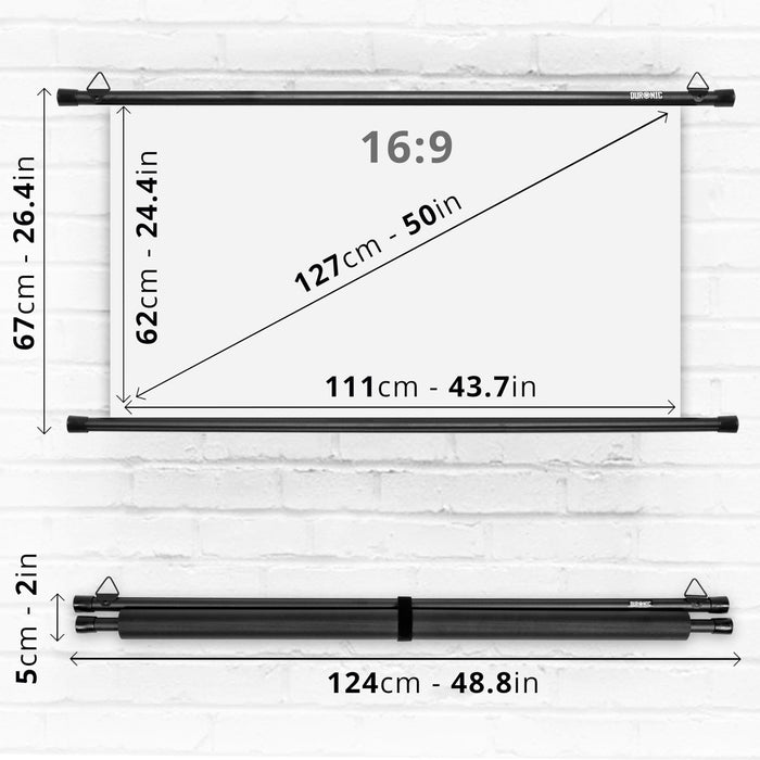 Duronic BPS50/169 Bar Projector Screen| 50” Projector screen | 16:9 ratio| Matt White +1 Gain | HD High Definition | Wall or Ceiling Mountable | Home Cinema School Office