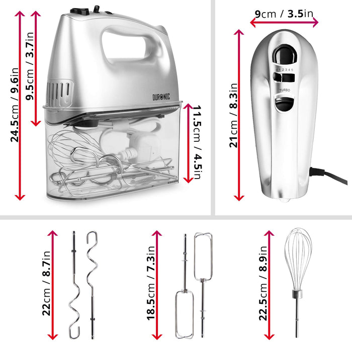 Duronic Hand Mixer Electric Whisk HM4SR Kitchen Handheld Hand Held Food Mixers for Baking, Dough, Bread, Eggs, Cake Mix, Cream, Brownie Maker Mixer with Whisker Hooks Beater Storage Case 400W - Silver