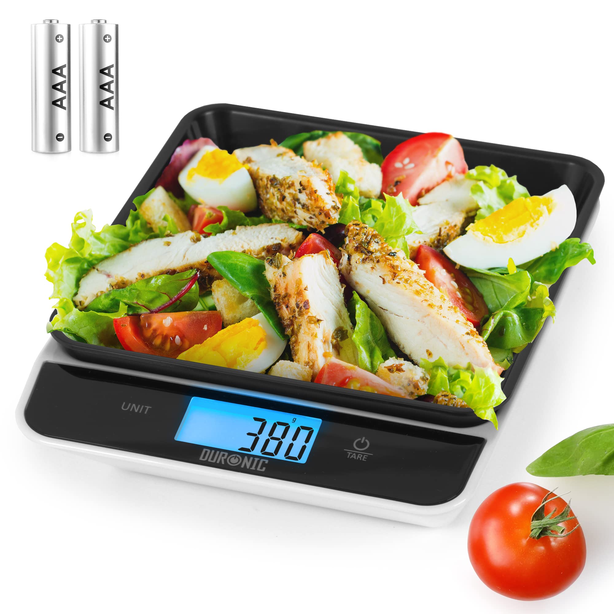 Duronic Digital Kitchen Scales KS100 BK, Black/White Design with 1.2L Bowl, 5kg Capacity, LCD Backlit Display, Add & Weigh Tare, 1g Precision, Measure Ingredients for Cooking & Baking