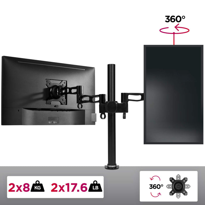 Duronic Computer Monitor Arms Stand DM352 BK Dual Freestanding PC Multi Arm Desk Mount Twin Adjustable Stands for VESA 75/100 Two 13-27 Inch LED LCD Screens 8kg Capacity Mounts Tilt -15/+15 - Black