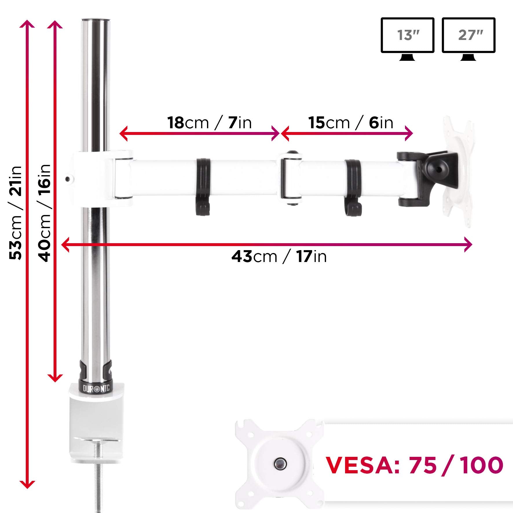 Duronic Single Monitor Arm DM251X3 Height Adjustable Monitor Stand Riser Clamp for 13-27” PC screens Monitor Desk Mounts with VESA 75/100 Monitor Mount with 8kg capacity Monitor Stand for Desk Gaming WHITE