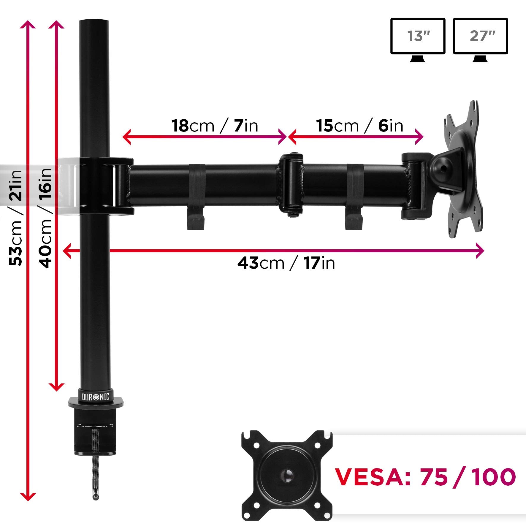 Duronic Dual Monitor Stand DM252 Double Monitor Arm Black Twin Riser Two Mount for 13-27” Computer Screen 2 Height Adjustable Clamp Stands for PC Desk, Gaming, Work, Home & Office Studio, VESA 75 100