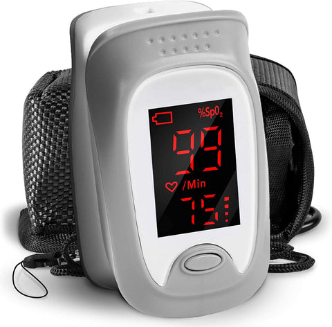 Duronic Fingertip Pulse Oximeter displaying 99% SpO2 and 75 pulse rate with black carrying pouch.