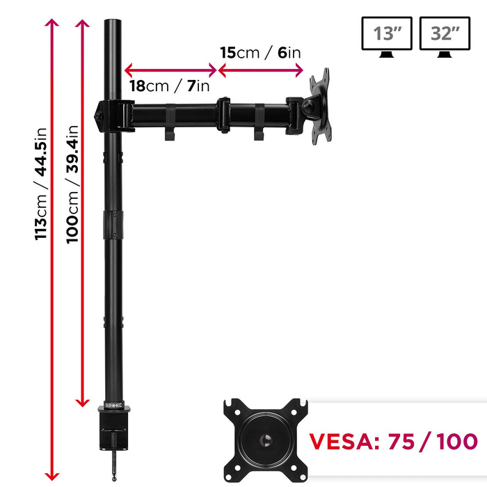 Duronic Single Monitor Stand DMT251X3 Monitor Arm Desk Mount for 13-32” PC Screens Adjustable Tilt Monitor Mount with 100cm Pole Gaming Monitor with VESA 75 100 Monitor Riser for Home Office Work Desk