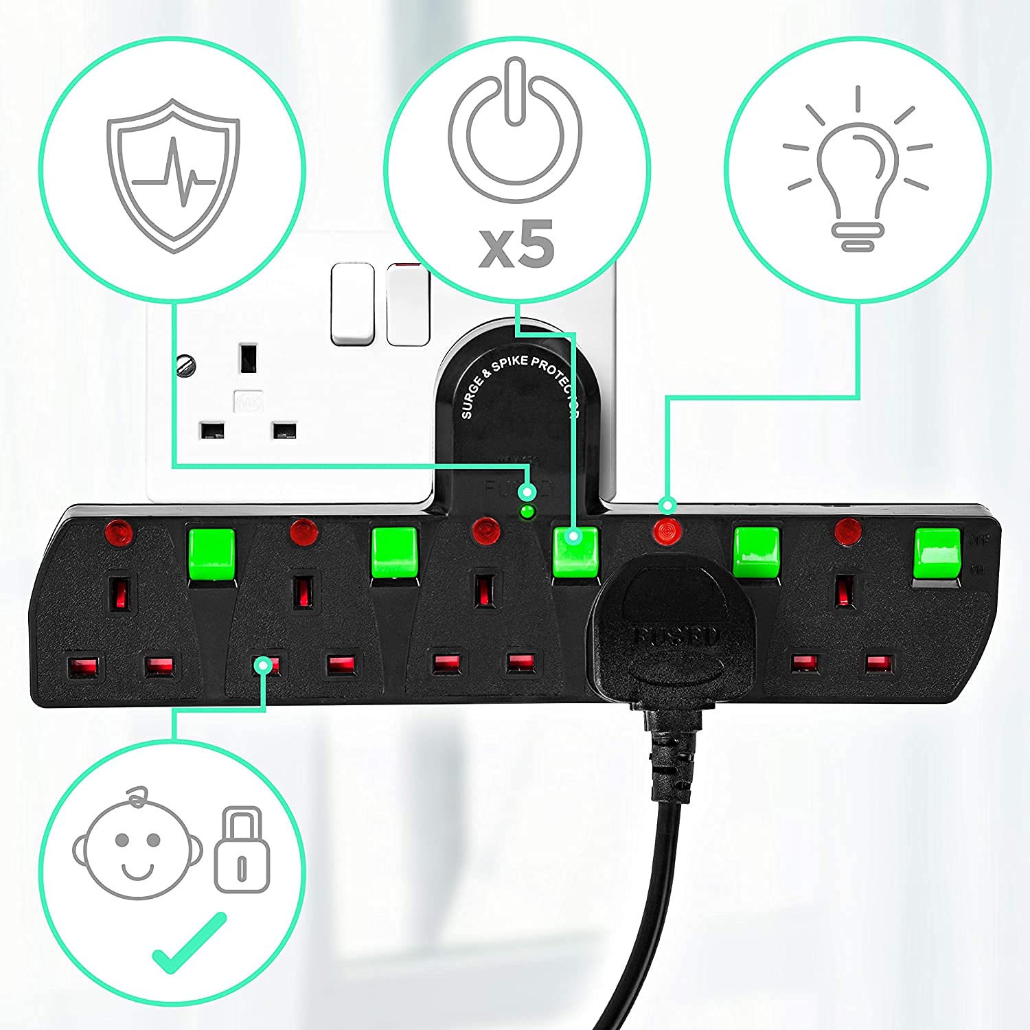 Duronic Plug Adaptor Power Extension Multi Socket Surge Protected S125B 5 Way UK | Switched | Black | Switches Turns 1 Socket Into 5