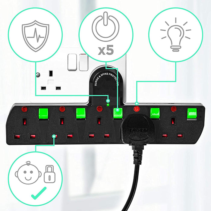 Duronic Plug Adaptor Power Extension Multi Socket Surge Protected S125B 5 Way UK | Switched | Black | Switches Turns 1 Socket Into 5